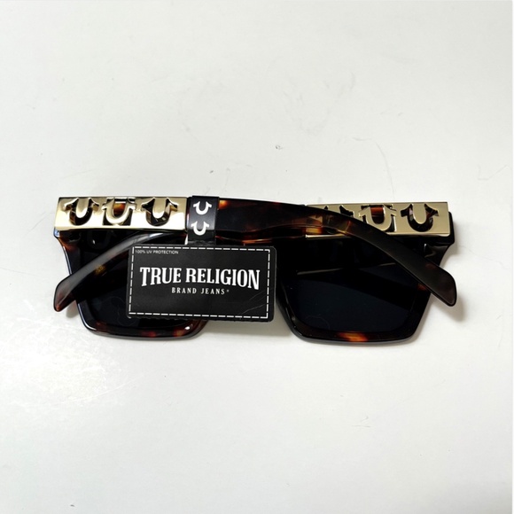 New TRUE RELIGION Square Tortoise Shell Sunglasses Acetate Triple Logo Brown main image 4